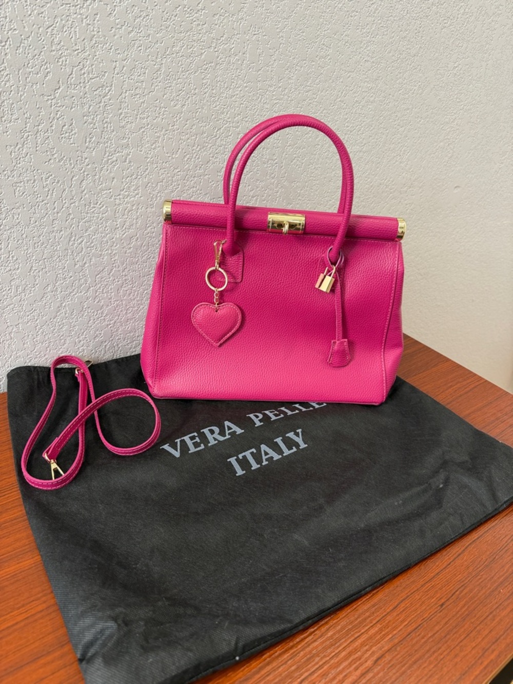 Vera Pelle Bright Fuchsia Leather Top-Handle Bag with Heart Charm